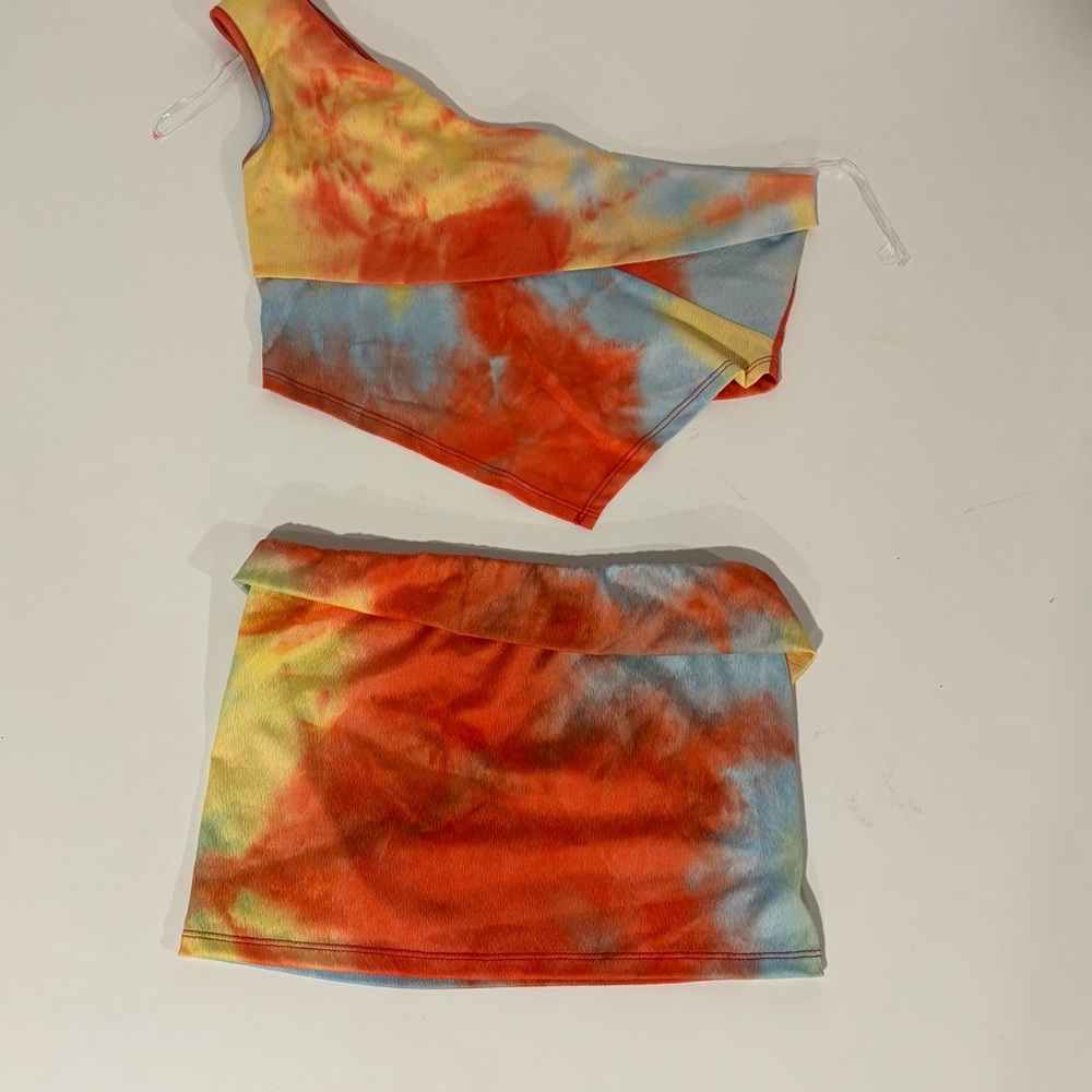 Fashion Nova Red and Yellow Mini Skirt Set Resort Wear
